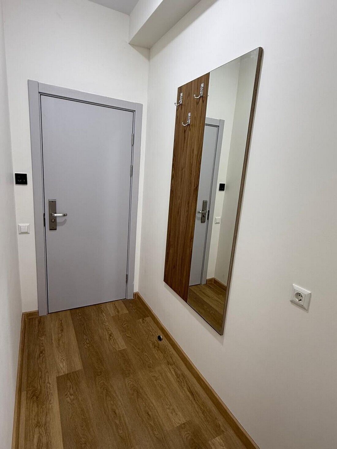 A hallway with a wooden floor, a white door, and a large mirror on the wall.