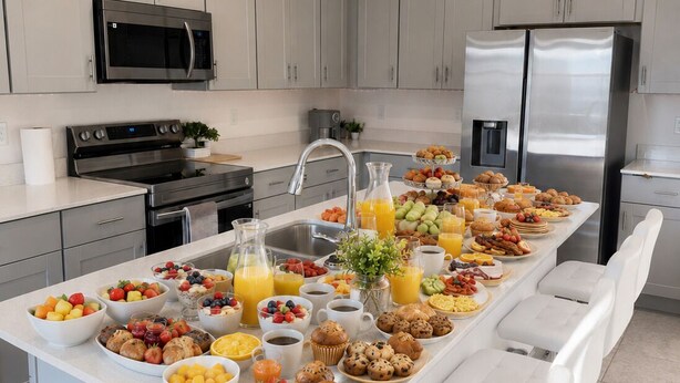 Une cuisine moderne avec des meubles gris, des appareils en acier inoxydable et un bar pour prendre le petit-déjeuner, où sont proposés divers aliments et boissons.