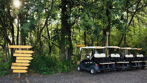 A golf cart parked near a signpost with multiple directional arrows pointing to various locations. - Sun View - Antique Scout Cabin Suite (Troy)