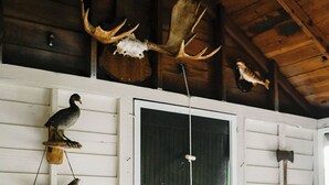 Interior rústico de una cabaña con cama, paredes de madera, una ventana y cráneos de animales montados.