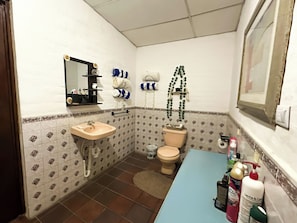 Dusj, håndklær, såpe og toalettpapir