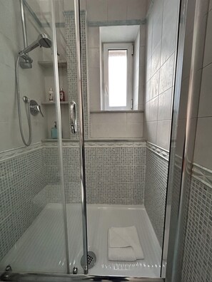 Shower, hair dryer, bidet, towels