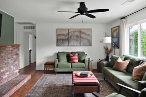 Smart TV, fireplace, books, music library