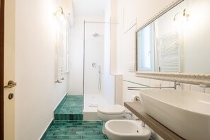 Chuveiro, secador de cabelo, bidê, toalhas de banho