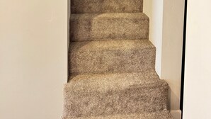 Un escalier recouvert de moquette, doté d’une rampe en bois, mène à un palier avec un mur blanc.