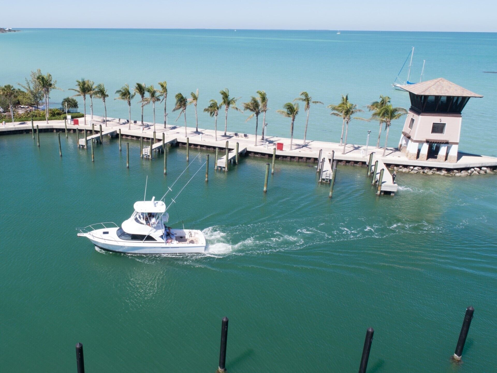 A marina with a boat, palm trees, and a building with a tower.