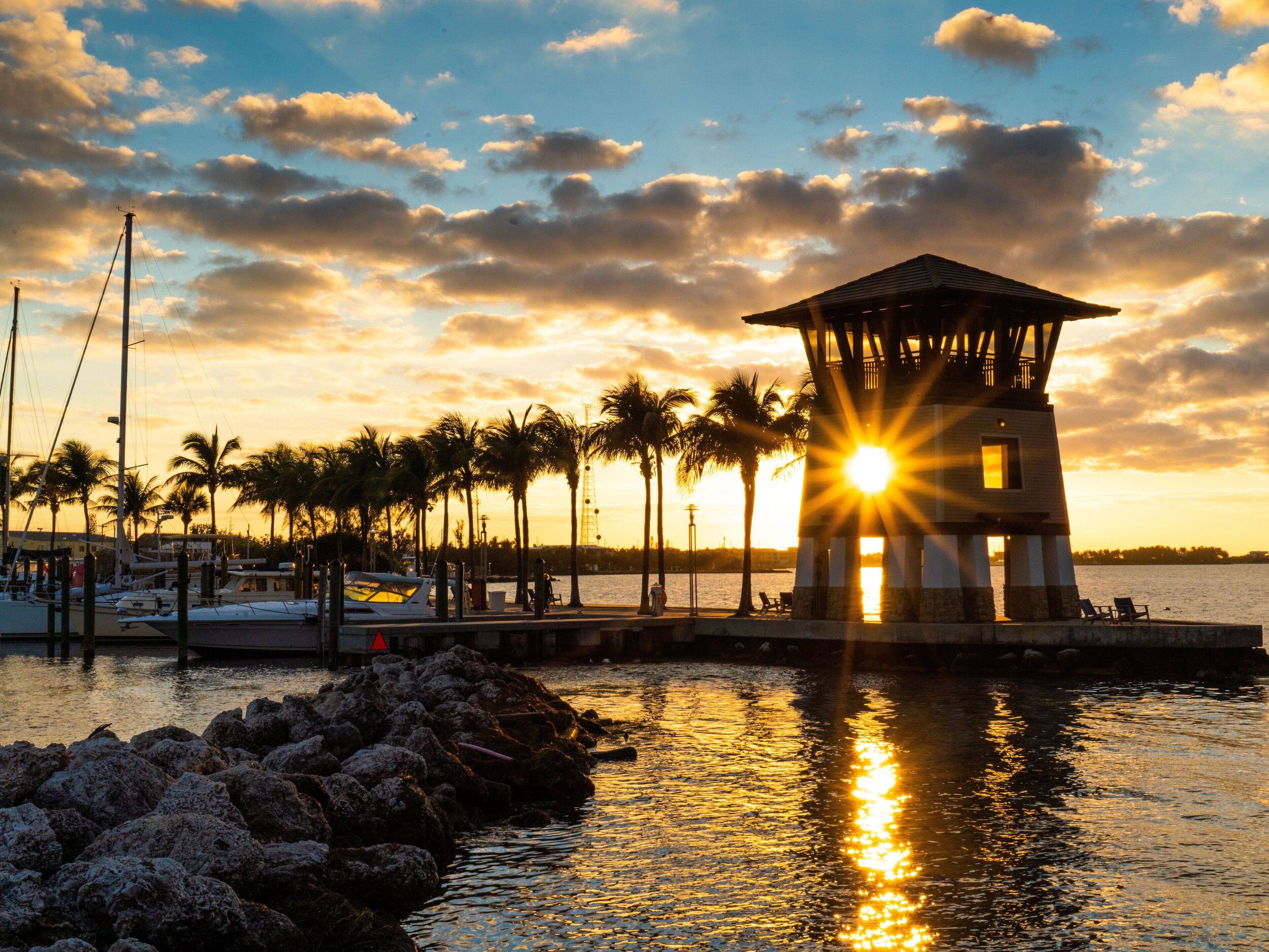 A coastal building with a viewing platform, surrounded by palm trees and a marina.
