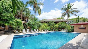 A swimming pool with lounge chairs, surrounded by palm trees and greenery. - Las Brisas 1-1 • 3 BR Beach-Front Condo • Salt-Water Pool & Walk to Playa Hermosa • 6 Guests (Playa Hermosa)