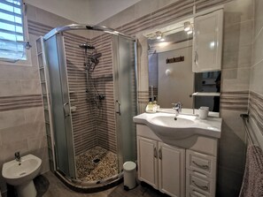 Shower, hair dryer, bidet, towels