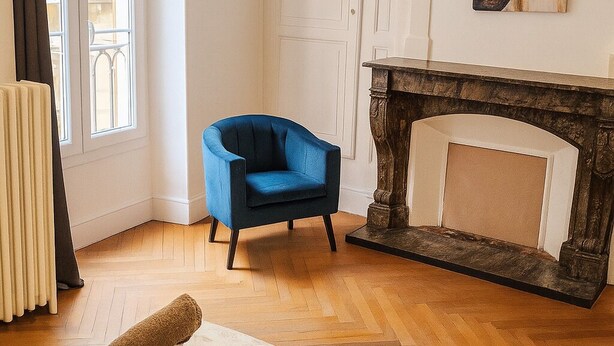 A room with a blue armchair, a fireplace, and a patterned rug. - Cosy 5-bedroom townhouse. Close to all shops and hypercentre! (LE MANS)
