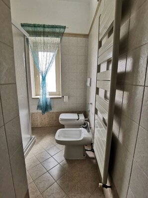 Bidet, towels, toilet paper