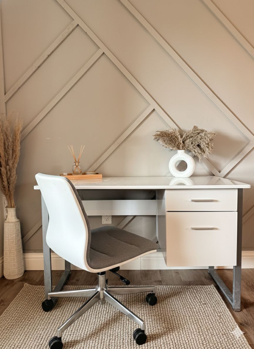 A modern office desk with a white chair, a vase with dried plants, and a textured wall.