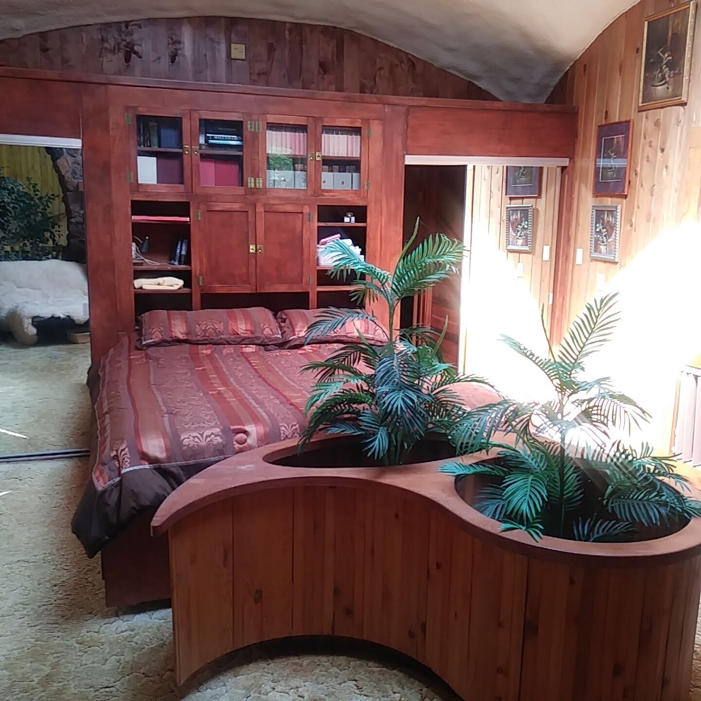 A wooden room with a bed, a built-in bookshelf, and a potted plant.