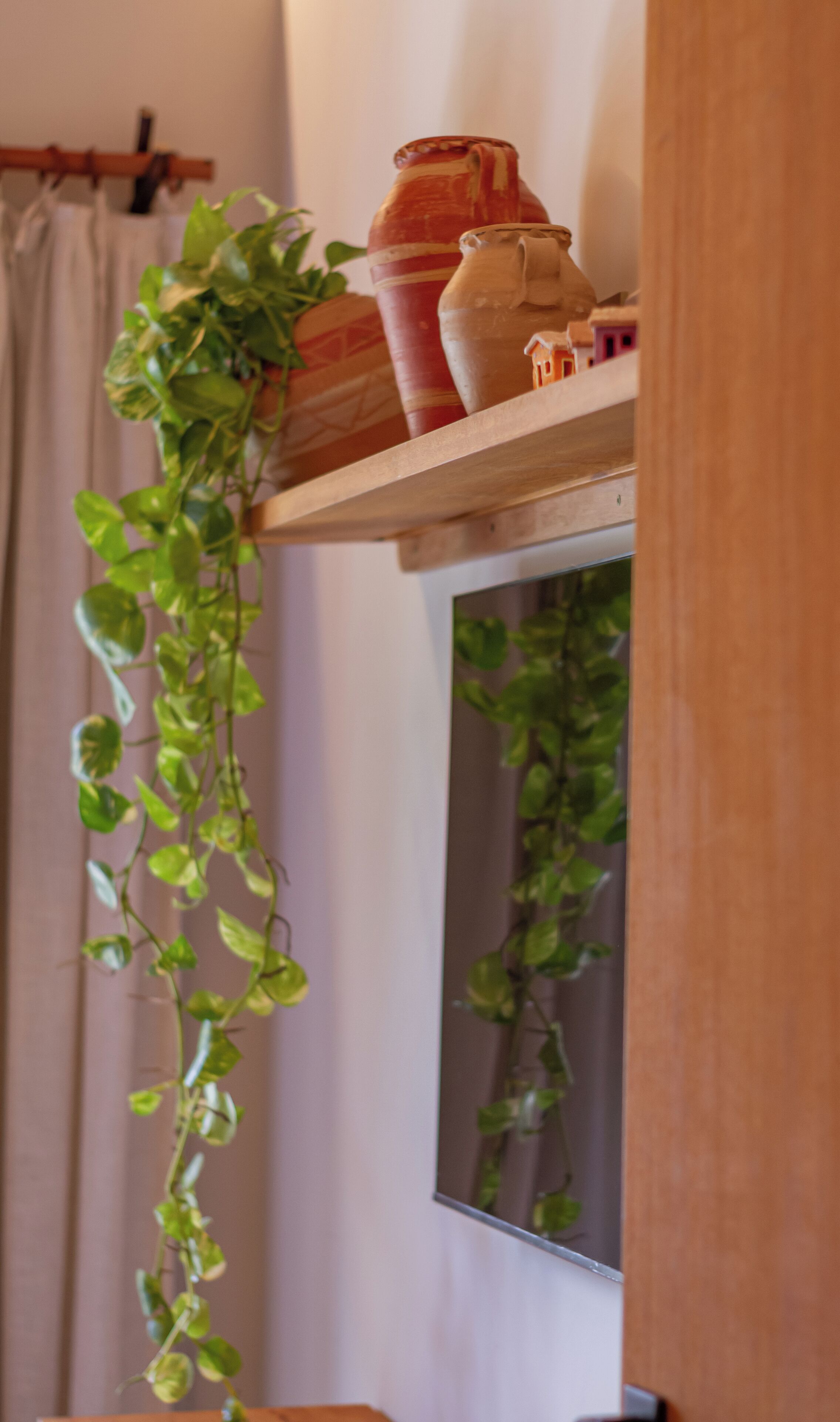 A shelf with a potted plant, a vase, and a small house model.