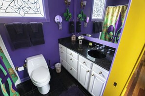 Jetted bath, hair dryer, towels, soap