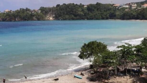A beach with clear turquoise water, a sandy shore, and a forested hill in the background. - exotic beach & villa with WiFi, AC in tranquil Tower Isle with pool (Tower Isle)