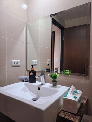 Douche, bidet, serviettes fournies, savon