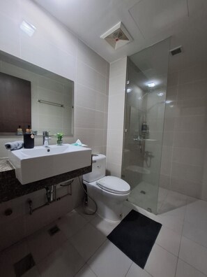 Shower, bidet, towels, soap