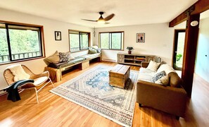 Televisio, takka, pöytätennispöytä, kirjoja