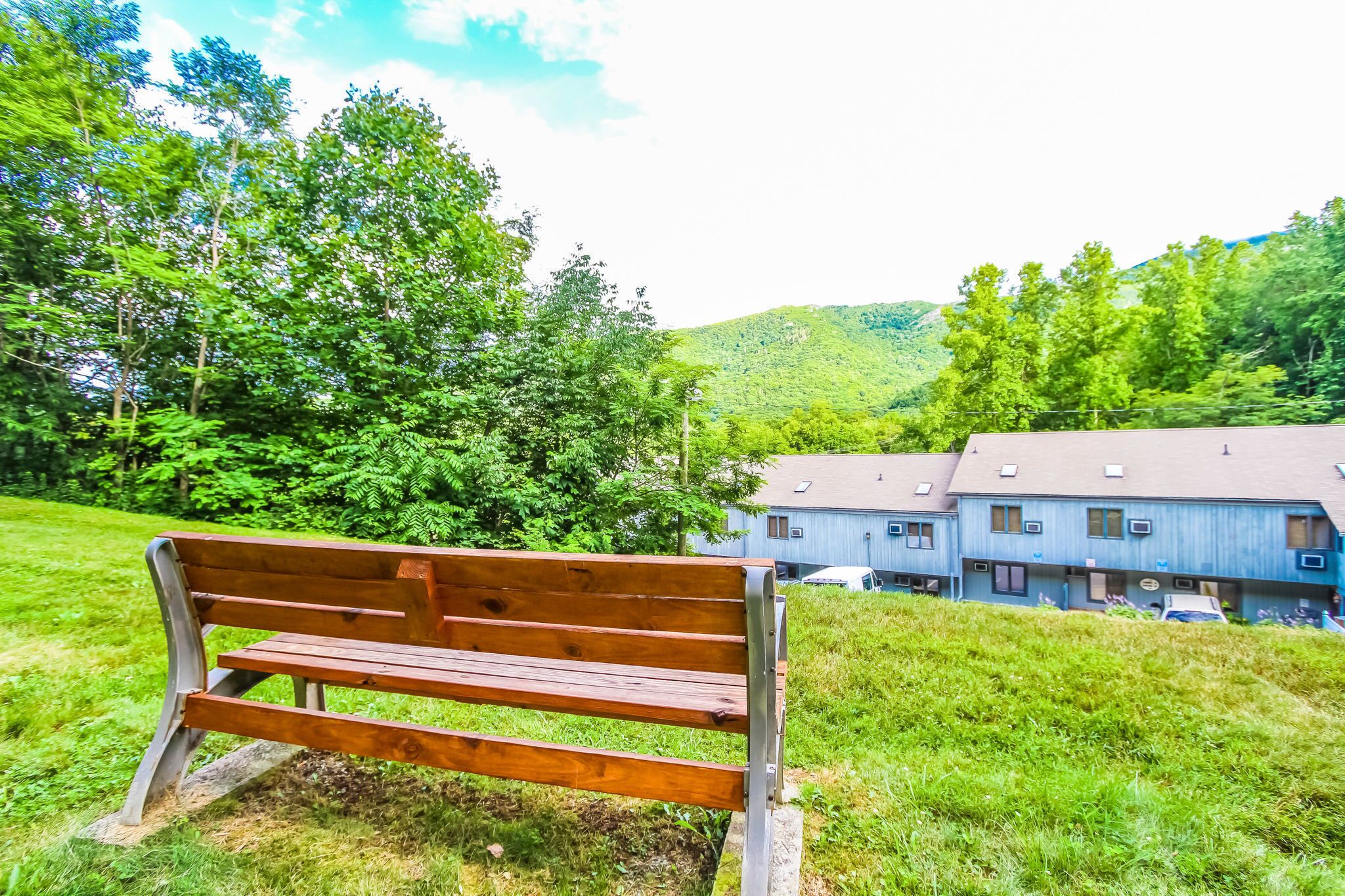 A wooden bench in a grassy area with a view of a blue building in the background.