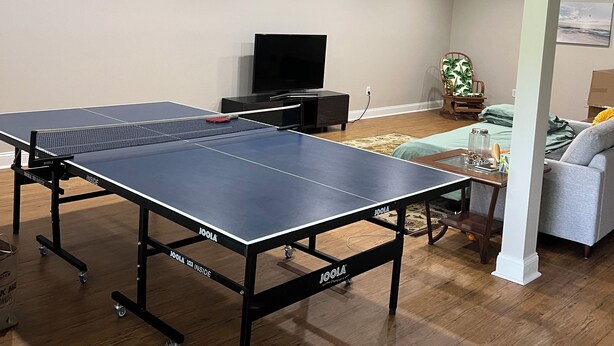 Una mesa de ping pong en una habitación con televisión, una planta y un sofá.