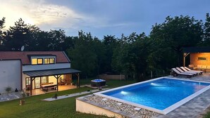 A modern house with a swimming pool, outdoor seating, and a well-maintained lawn. - Pet friendly home in Durdevac (Durdevac)