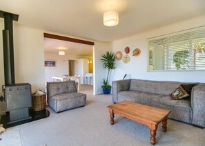 Smart TV, fireplace, DVD player, books