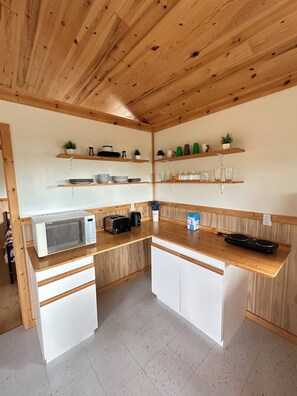 Fridge, microwave, electric kettle, toaster
