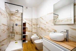 Shower, hair dryer, bidet, towels