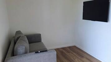 Een kamer met een grijze bank, een flatscreen televisie aan de muur en houten vloeren.