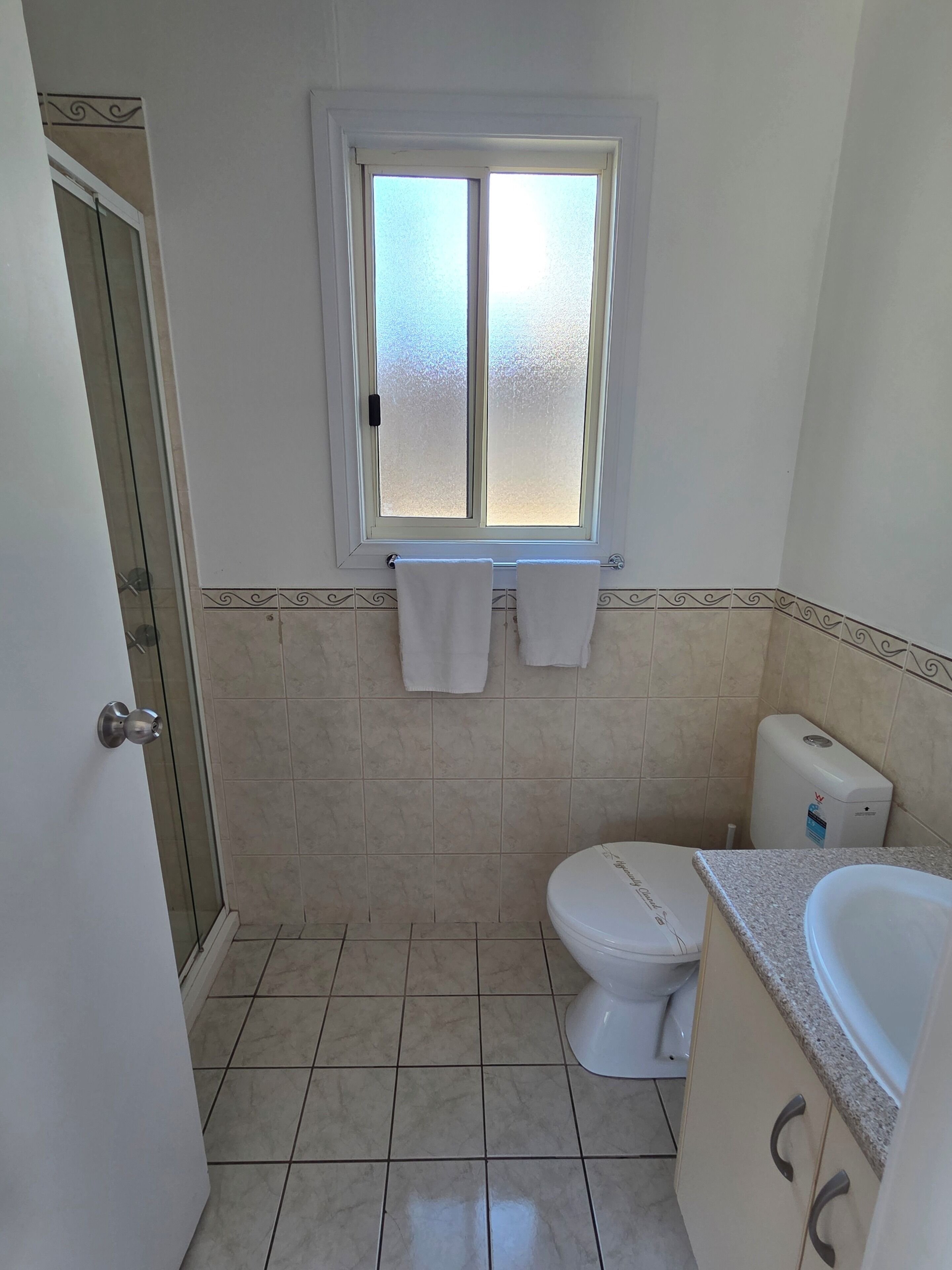 A bathroom with a toilet, a sink, and a window with frosted glass.