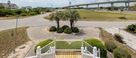 A wooden deck with white railings leading to a palm tree surrounded by bushes.