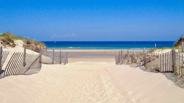 A beach pathway leading to the ocean with wooden fences on either side.