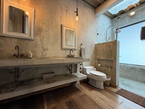 Shower, towels, soap, toilet paper