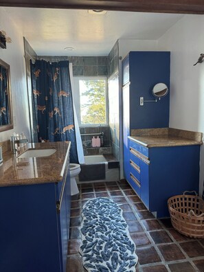 Hair dryer, towels, soap, toilet paper