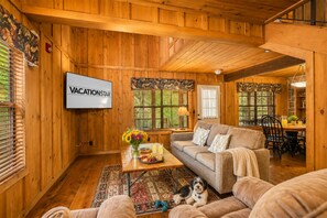 TV, fireplace - Spacious Cabin at Green Mountain | Pools, Hot Tub, Near Strip, Dogs Welcome! (Branson)