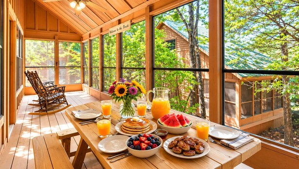 A wooden dining area with a table set for breakfast, including pancakes, fruit, and juice. - Relaxing Branson Cabin Getaway (Branson)