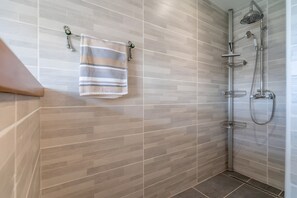 Shower, hair dryer, towels