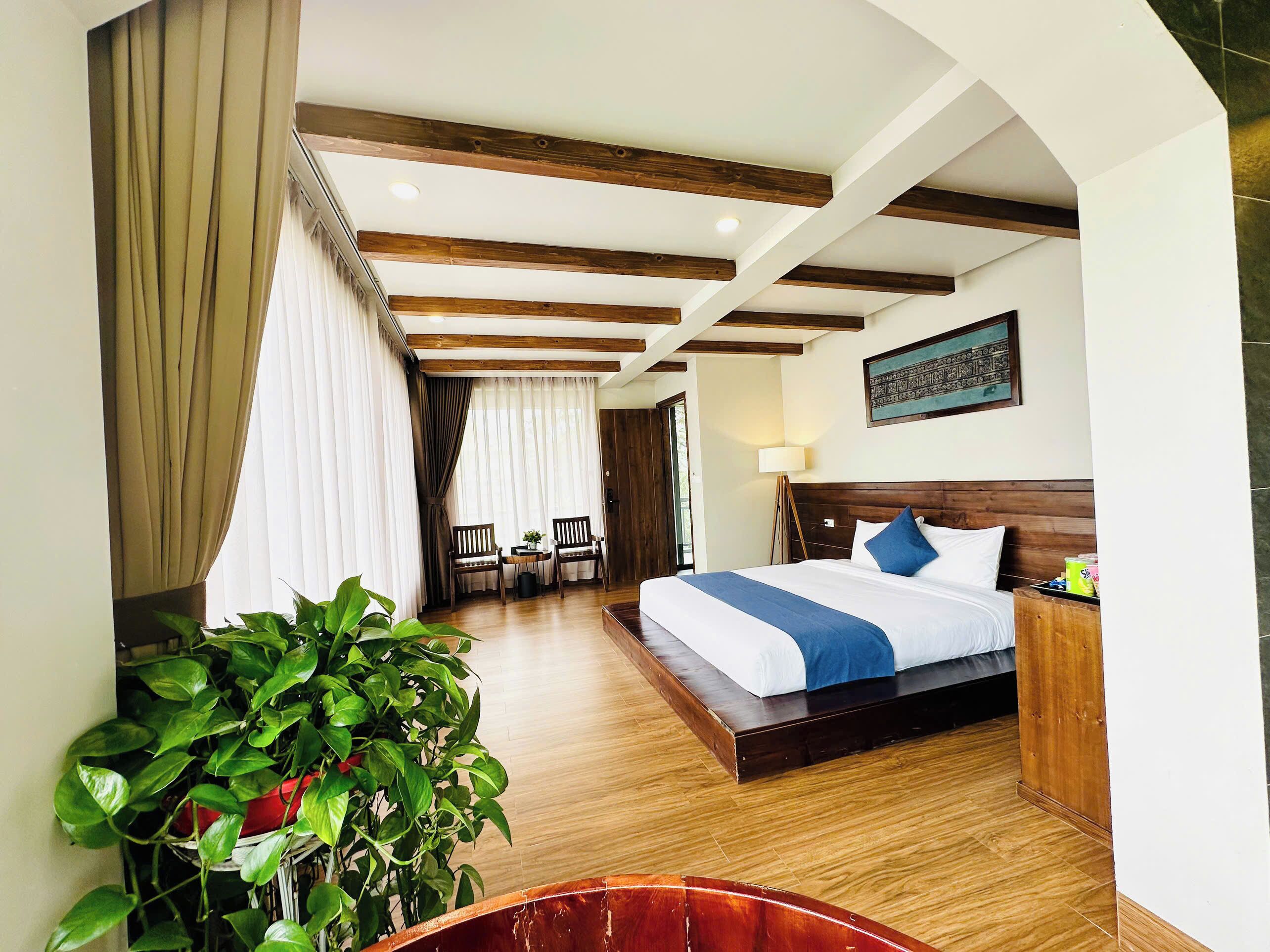 A hotel room with a large bed, wooden beams on the ceiling, a potted plant, and a view of the outdoors.