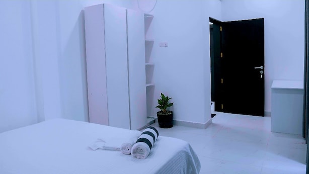 Una camera d'albergo con un letto, una pianta in vaso, una porta nera e una parete bianca.