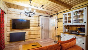A cozy wooden cabin interior with a sofa, a television, a cabinet, and a radiator. - Salamandra 11 Apartamenty Góralskie (Koscielisko)