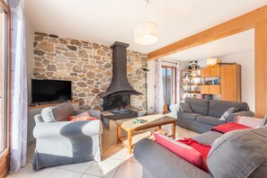 TV, fireplace, video games, DVD player