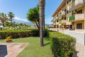 Un patio con palmeras, setos y un edificio con balcones.