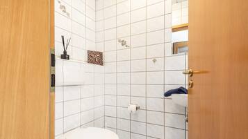 A bathroom with a toilet, a sink, and a shower area.