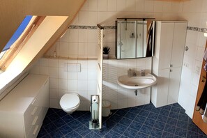 Douche, séchoir à cheveux, serviettes fournies