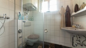 A bathroom with a glass-enclosed shower, a toilet, a sink, and a window.