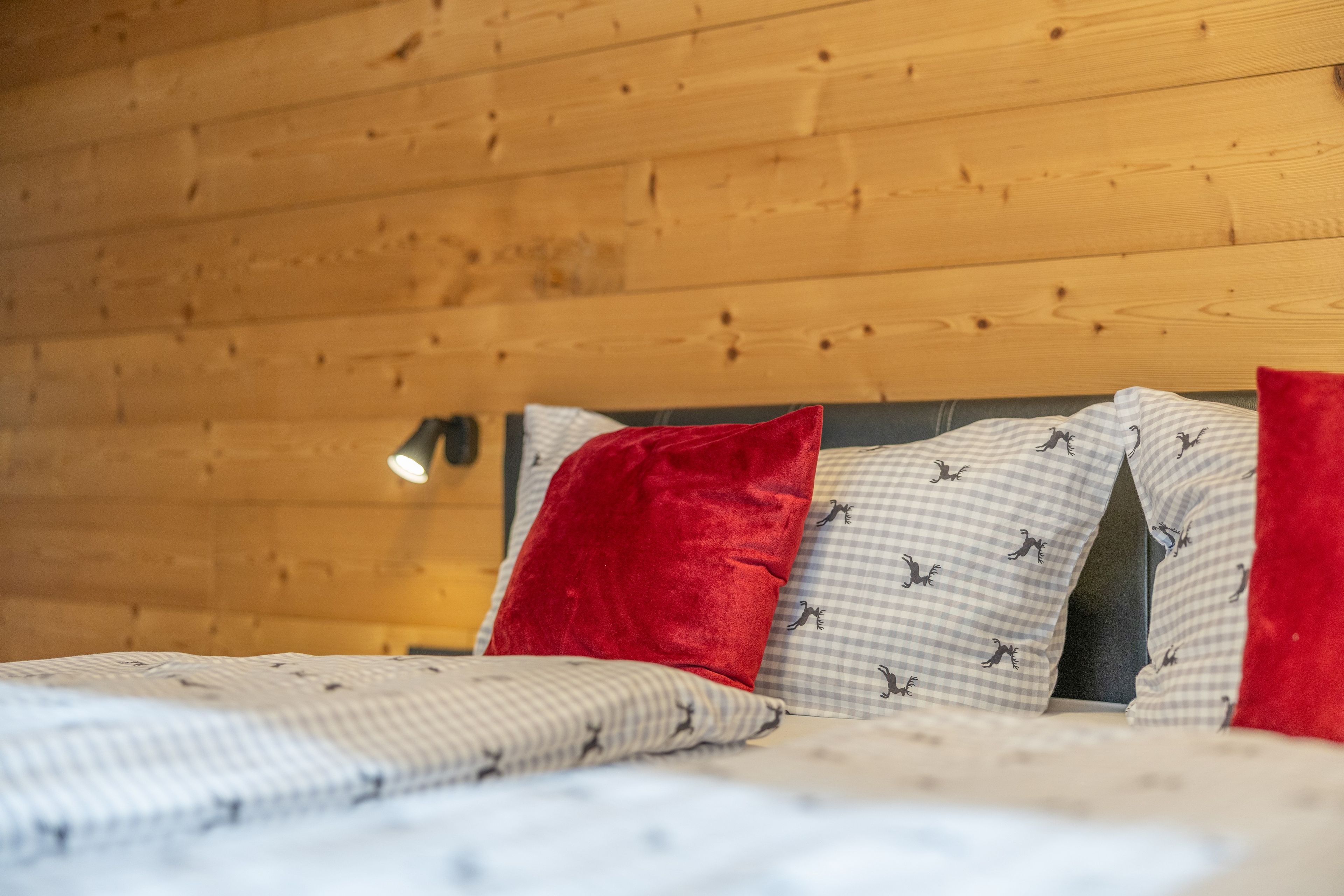 Een bed met een geruit sprei en twee kussens, één rood en één wit met een patroon.