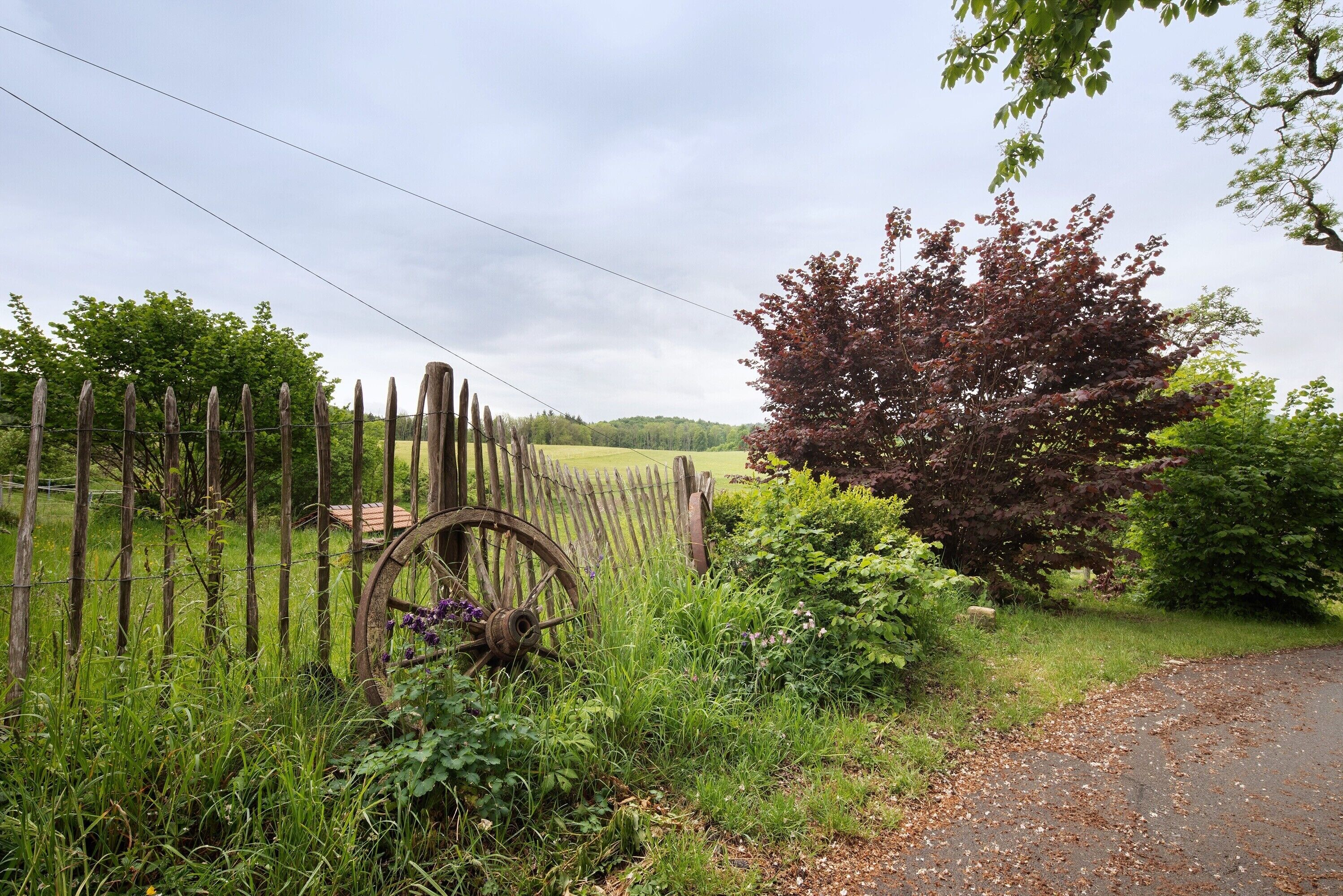 A rural landscape with a wooden fence, a wheelbarrow, and a road.