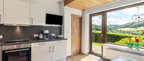 A modern kitchen with built-in appliances, a flat-screen TV, and a large window with a view of a green landscape.