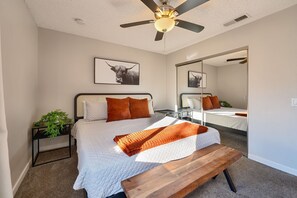 1 bedroom, desk, iron/ironing board, travel cot